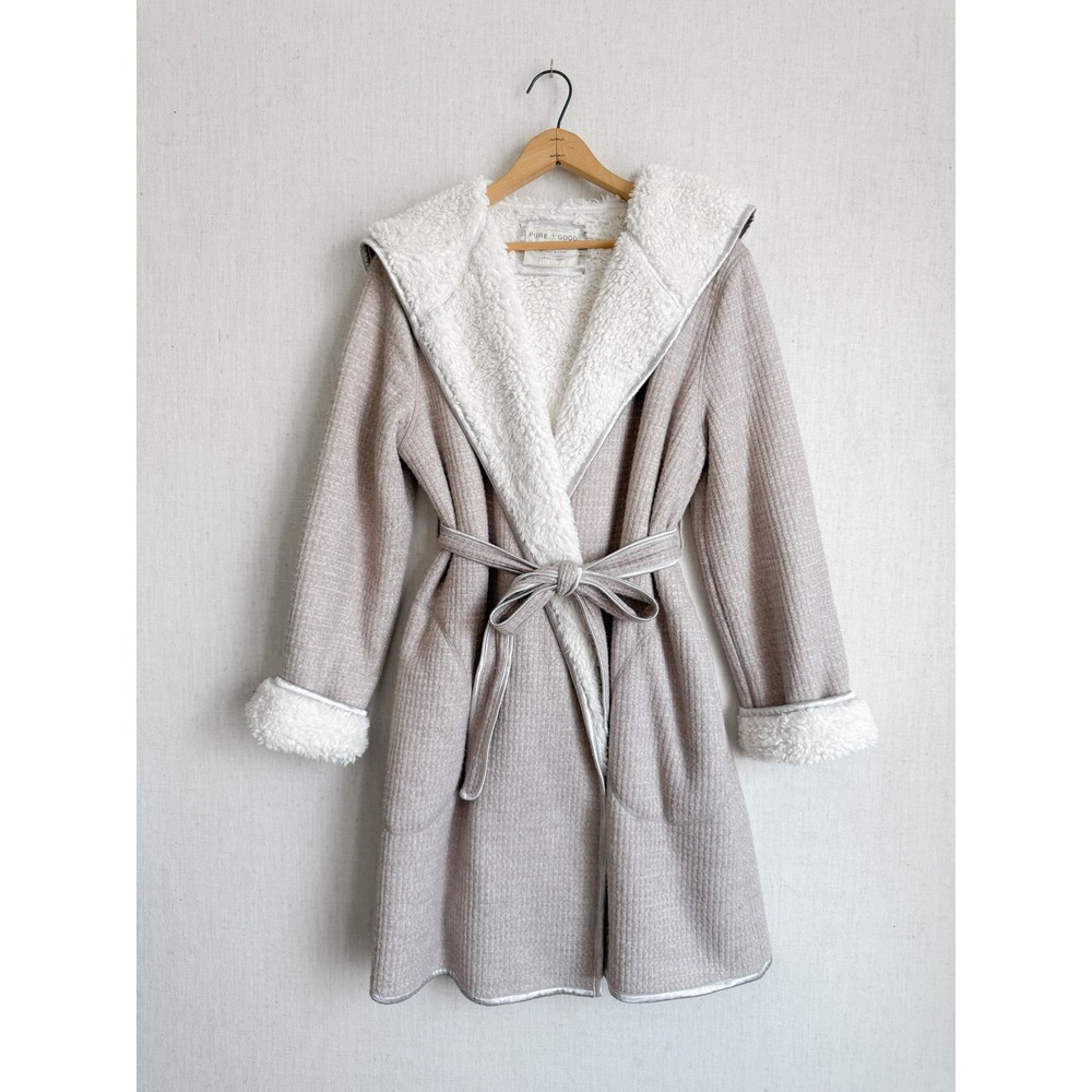 Pure Good‎ Anthropologie Hooded Wrap Coat Sherpa Lined Waffle Knit Beige XS/S